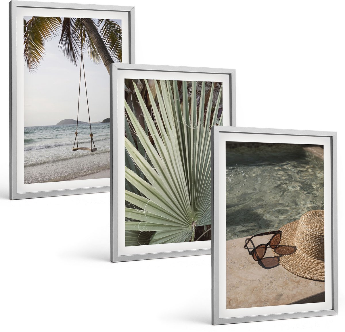 Coloray 3-Delige Schilderij Set - Vakantie Aan Het Strand Met Palmbladerenschommel - 40 x 60 cm - Wanddecoratie - Muurdecoratie - Woonkamer