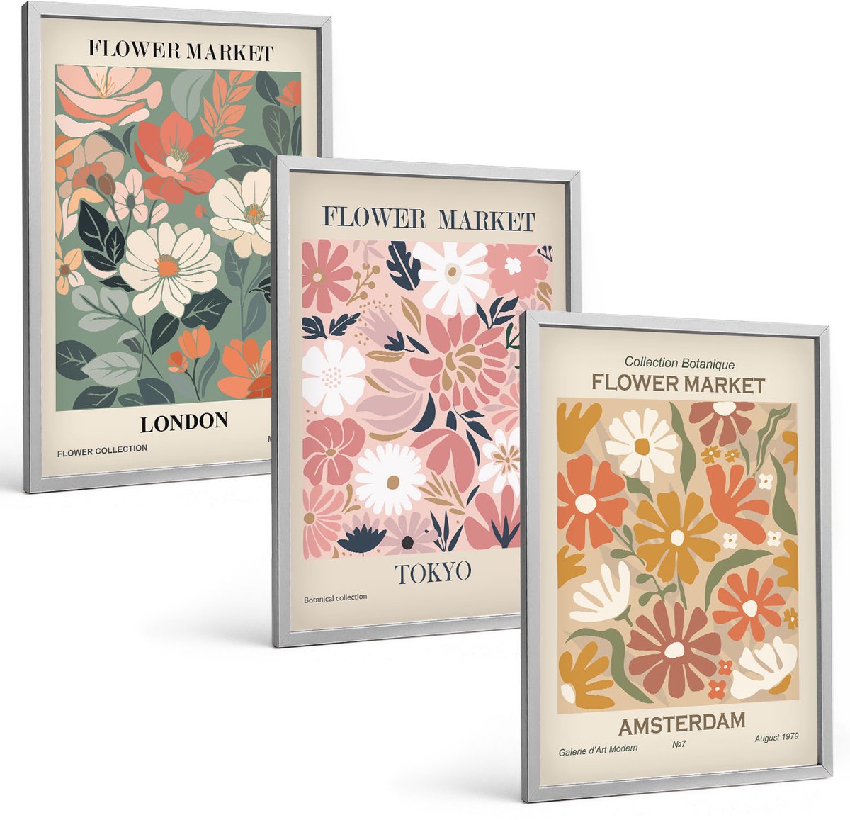 Coloray 3-Delige Schilderij Set - Posters Met Bloemenpatronen Uit Londen, Tokio En Amsterdam - 40 x 60 cm - Muurdecoratie - Interieur Decoratie - Decoratieve Schilderijen