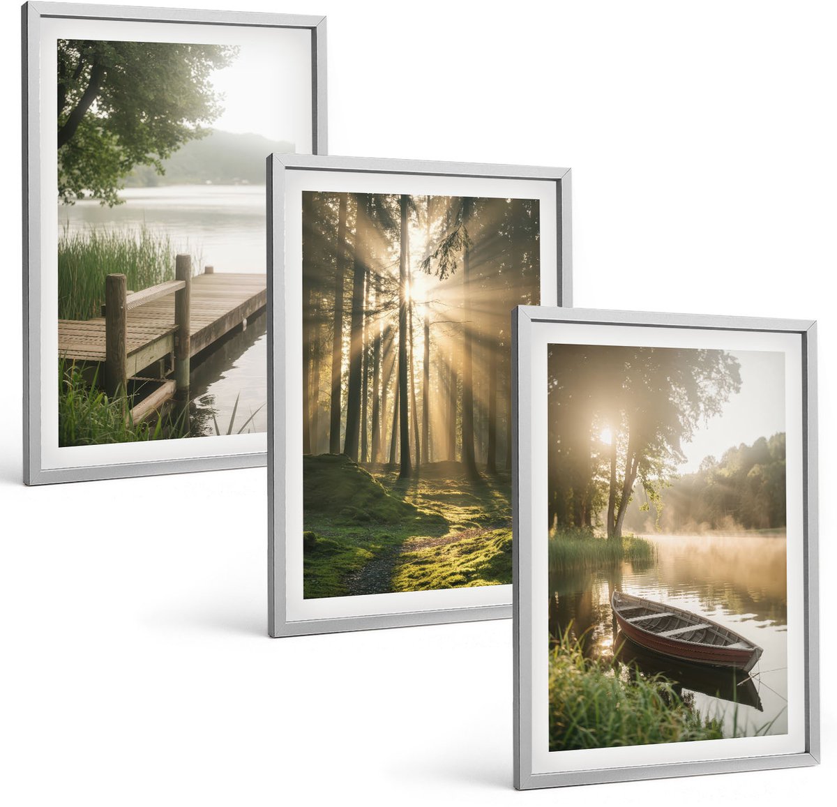 Coloray 3-Delige Schilderij Set - Rustig Meer, Bos En Boot In De Ochtendmist - 40 x 60 cm - Muurdecoratie - Wanddecoratie - Hal - Stijlvolle Muurdecoratie