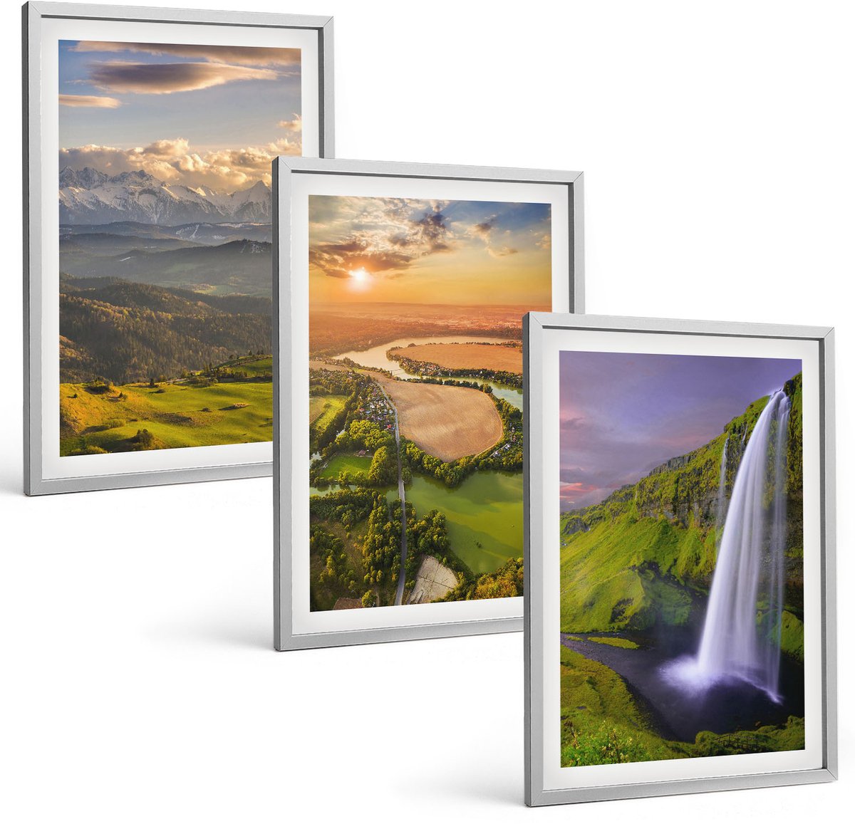 Coloray 3-Delige Schilderij Set - Uitzicht Op Een Bergrivier En Waterval In De Natuur. - 40 x 60 cm - Schilderijen Set - Wanddecoratie - Woonkamer - Moderne Wanddecoratie