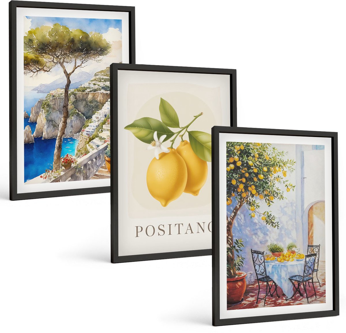Coloray 3-Delige Schilderij Set - Uitzicht Op Positano Met Bomen En Citroenen In De Zon. - 40 x 60 cm - Schilderijen Set - Wanddecoratie - Woonkamer