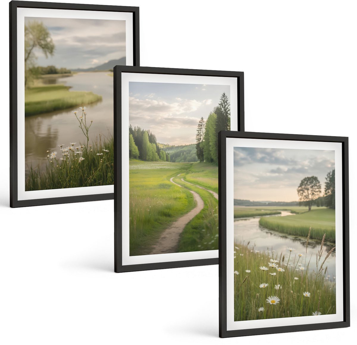 Coloray 3-Delige Schilderij Set - Vreedzame Zomerlandschappen Met Een Rivier En Een Bloemenweide - 40 x 60 cm - Wanddecoratie - Woonkamer Decoratie - Stijlvolle Muurdecoratie