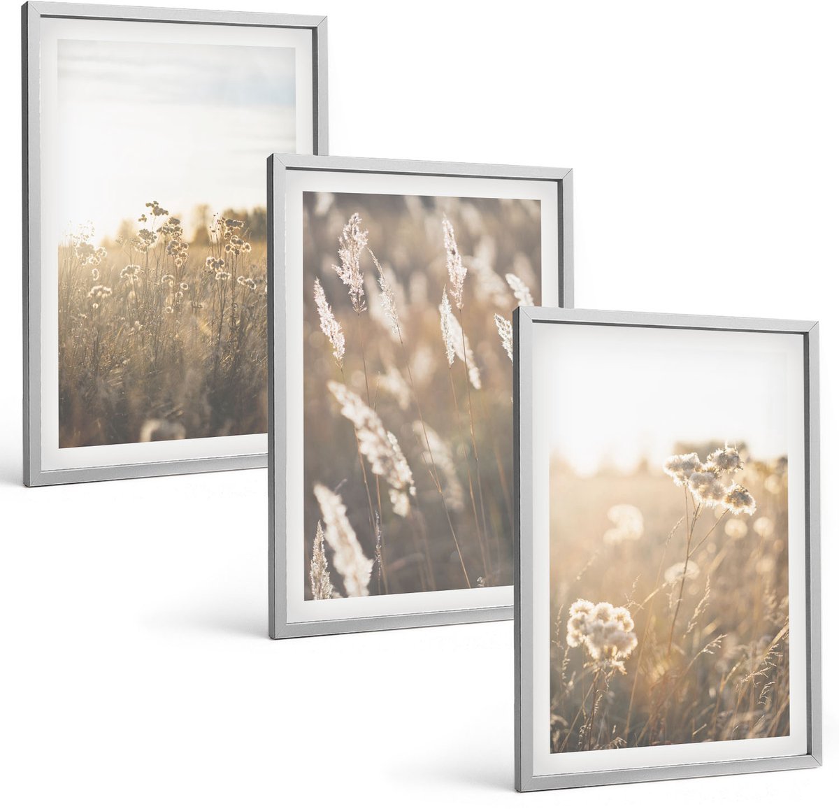 Coloray 3-Delige Schilderij Set - Landschap Met Grassen En Bloemen In Warme Tinten. - 40 x 60 cm - Wanddecoratie - Woonkamer Decoratie - Interieur Decoratie