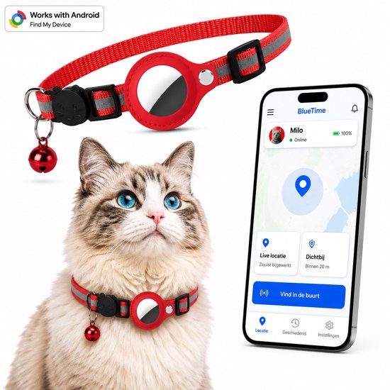 Rode kattenhalsband met reflecterende strepen, een belletje en een houder voor een tracker. Telefoon toont kaart met locatie.