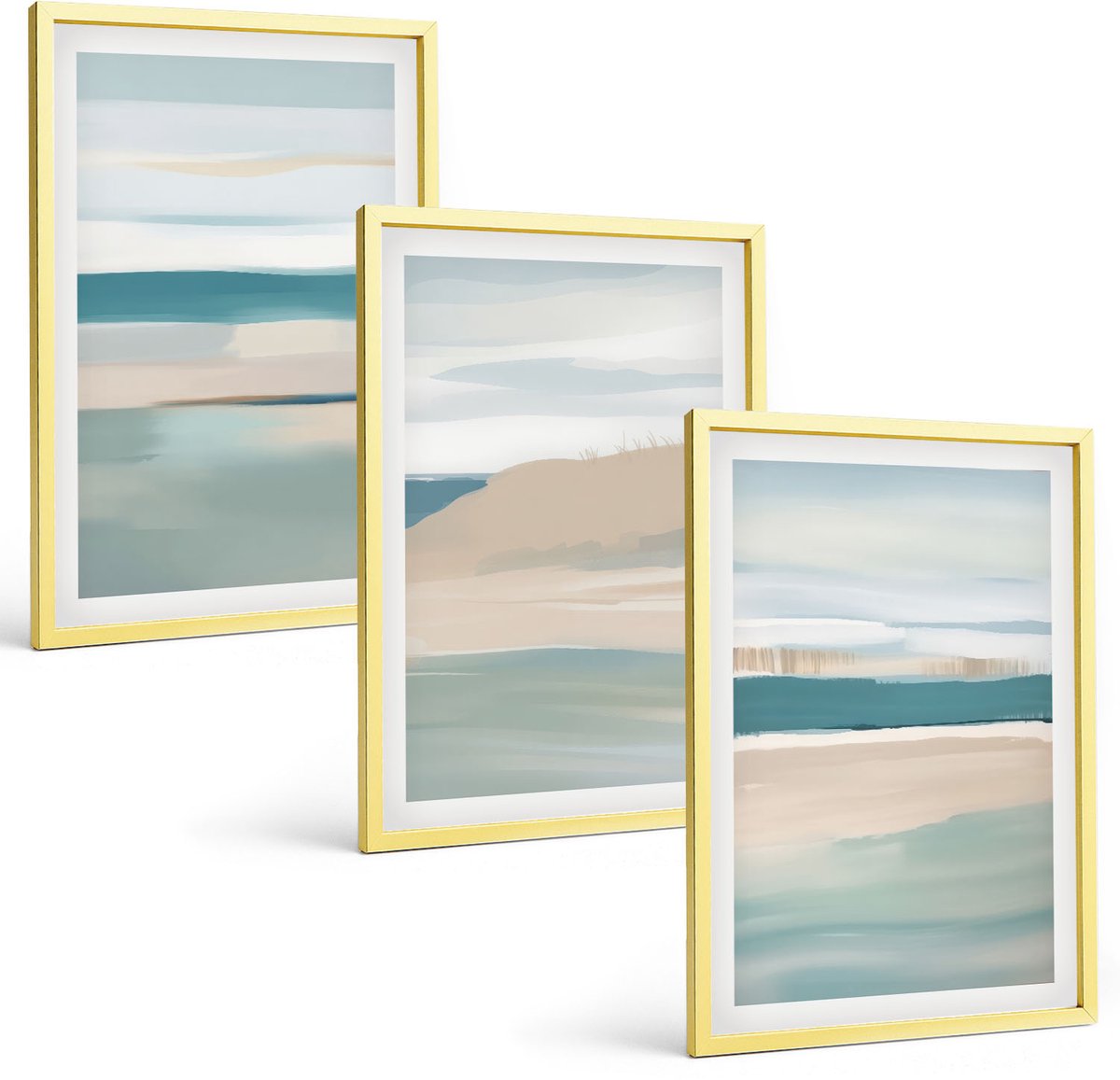 Coloray 3-Delige Schilderij Set - Abstracte Landschappen In Tinten Blauw En Beige. - 40 x 40 cm En 40 x 60 cm - Muurdecoratie - Schilderijen Set - Woonkamer
