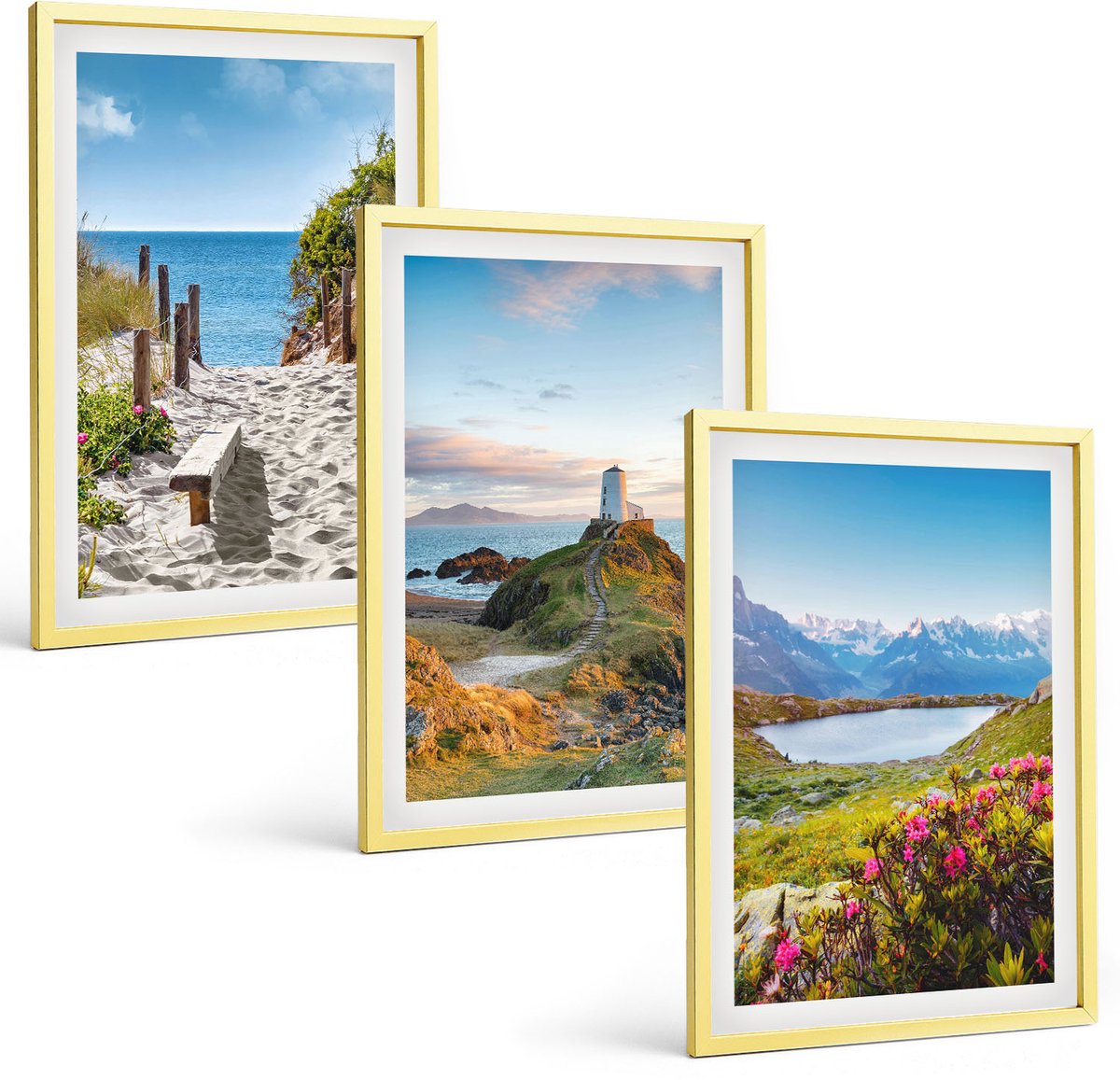 Coloray 3-Delige Schilderij Set - Rust Van De Natuur Met Stenen, Een Waterval En Een Boeddha. - 40 x 40 cm En 40 x 60 cm - Muurdecoratie - Interieur Decoratie - Stijlvolle Muurdecoratie
