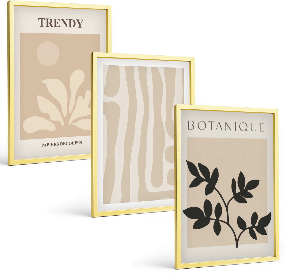 Coloray 3-Delige Schilderij Set - Stijlvolle Plantenpatronen In Beige En Zwarte Tinten. - 40 x 40 cm En 40 x 60 cm - Moderne Wanddecoratie - Slaapkamer - Interieur Decoratie