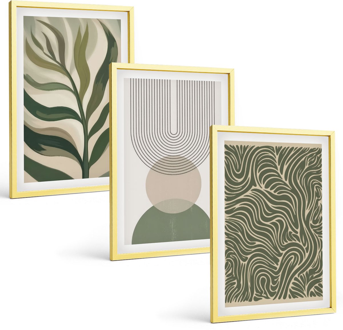 Coloray 3-Delige Schilderij Set - Abstracte Bladeren En Geometrische Vormen - 40 x 40 cm En 40 x 60 cm - Moderne Wanddecoratie - Woonkamer - Muurdecoratie