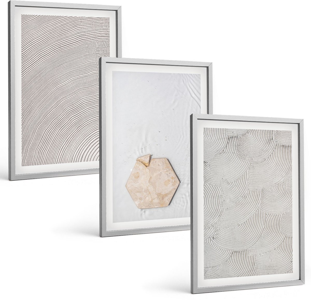 Coloray 3-Delige Schilderij Set - Lichte Texturen Op Zand In Boho-Stijl, Subtiel - 40 x 60 cm - Muurdecoratie - Interieur Decoratie - Woonkamer Decoratie