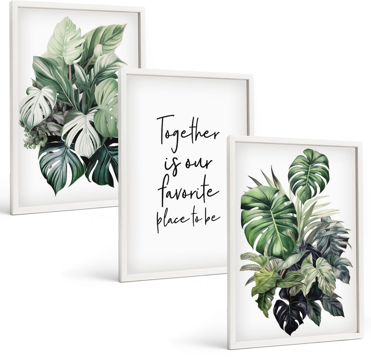 Coloray 3-Delige Schilderij Set - Groene Bladeren Van Tropische Planten Met Decoratieve Inscriptie - 40 x 60 - Wanddecoratie - Muurdecoratie - Woonkamer