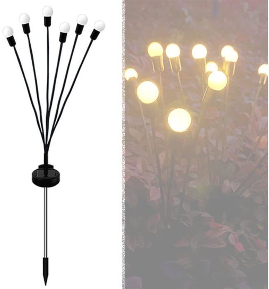 Eén stervormige lichtslinger op zonne-energie voor buiten, en zes oscillerende lichtslingers op zonne-energie voor in de tuin (warm licht).