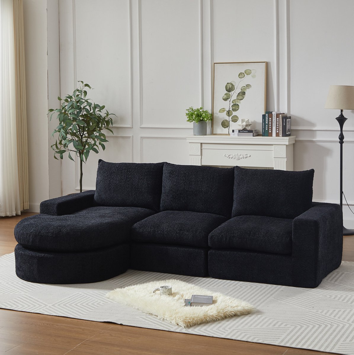 FloraGrace Hoekbank 3-Zits - Modulair L-Vorm Met Verwisselbare Chaise Longue En Nekkussens - Voor Woonkamer - Chenille - Zwart