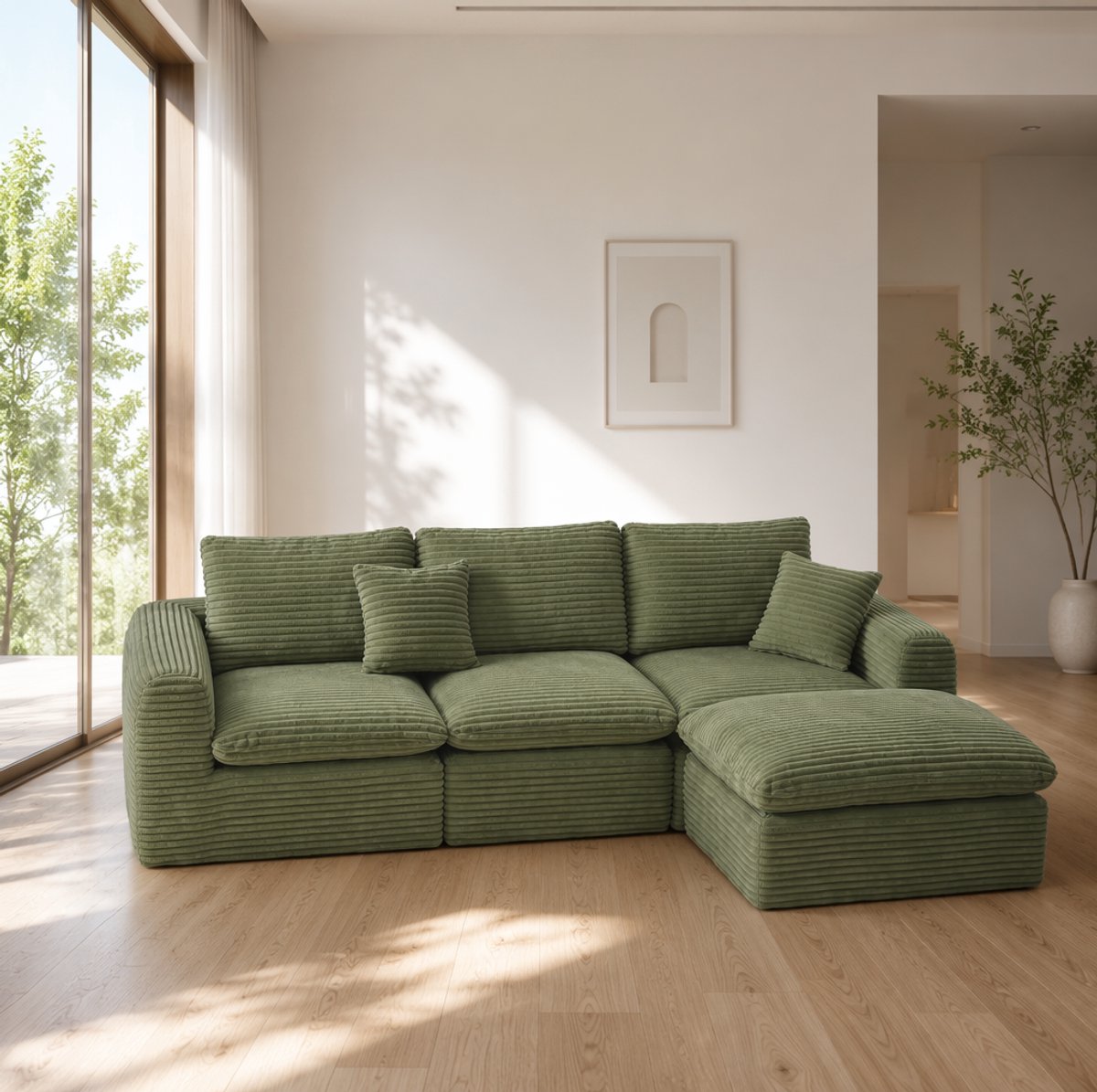 MIVRAY Hoekbank 280 x 180 x 65 cm - Modulaire 3-in-1 Opstelling Met Slaapfunctie - Voor Woonkamer En Studio - Corduroy Groen