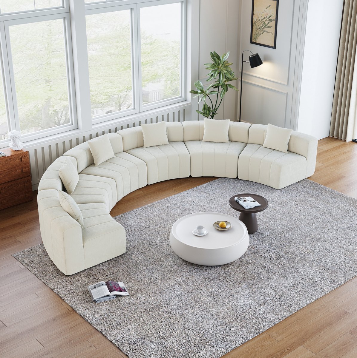 FloraGrace Bank – 6-Zits Halfronde Modulaire Bank – Met 2 Kussens, Chenille Bekleding & Zachte Vulling – Voor Woonkamer, Slaapkamer of Kantoor – Beige
