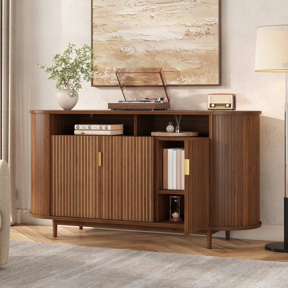 OKWISH Dressoir Met Drie Deuren En Verticale Lijnstructuur Voor Woonkamer En Eetkamer Natural 140 X 40 X 78 Cm
