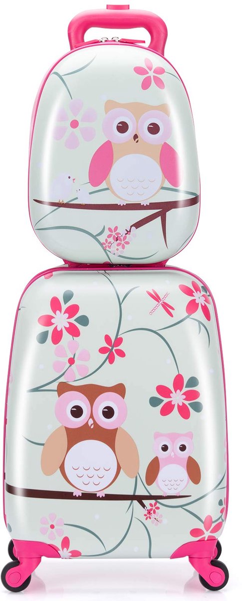 COSTWAY kinderkoffer, Roze uil, 12"+16", kinderkoffer