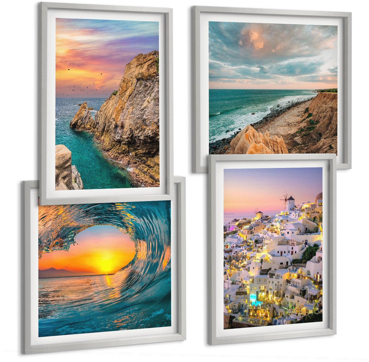 Coloray 4-Delige Schilderij Set - Uitzicht Op De Zee, De Golven En De Witte Huizen Op Santorini, Griekenland - 40 x 40 cm En 40 x 60 cm - Muurdecoratie - Interieur Decoratie - Decoratieve Schilderijen
