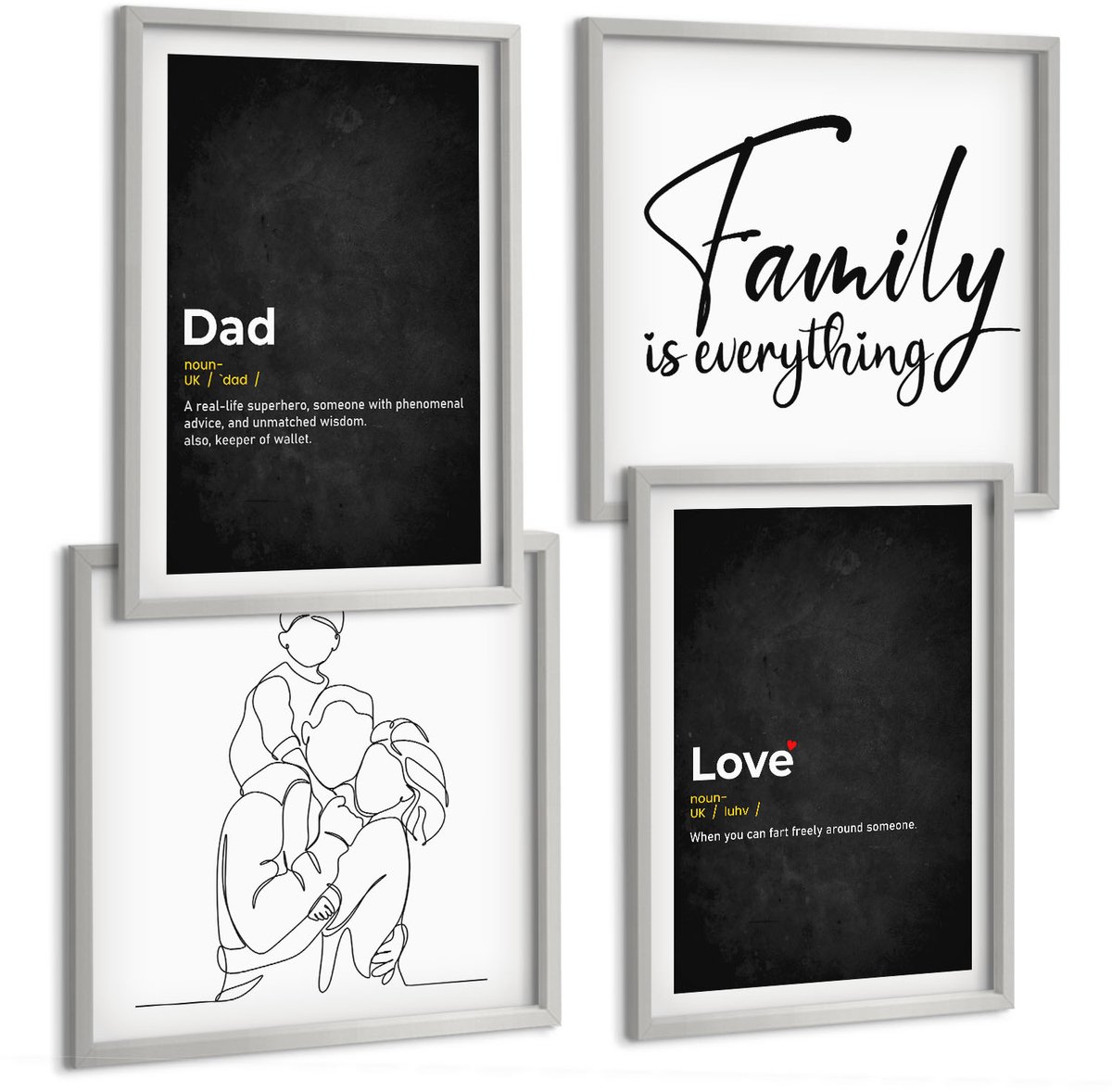 Coloray 4-Delige Schilderij Set - Familielijnkunst Met Definities Van Liefde En Vaderschap. - 40 x 40 cm En 40 x 60 cm - Stijlvolle Muurdecoratie - Kantoor
