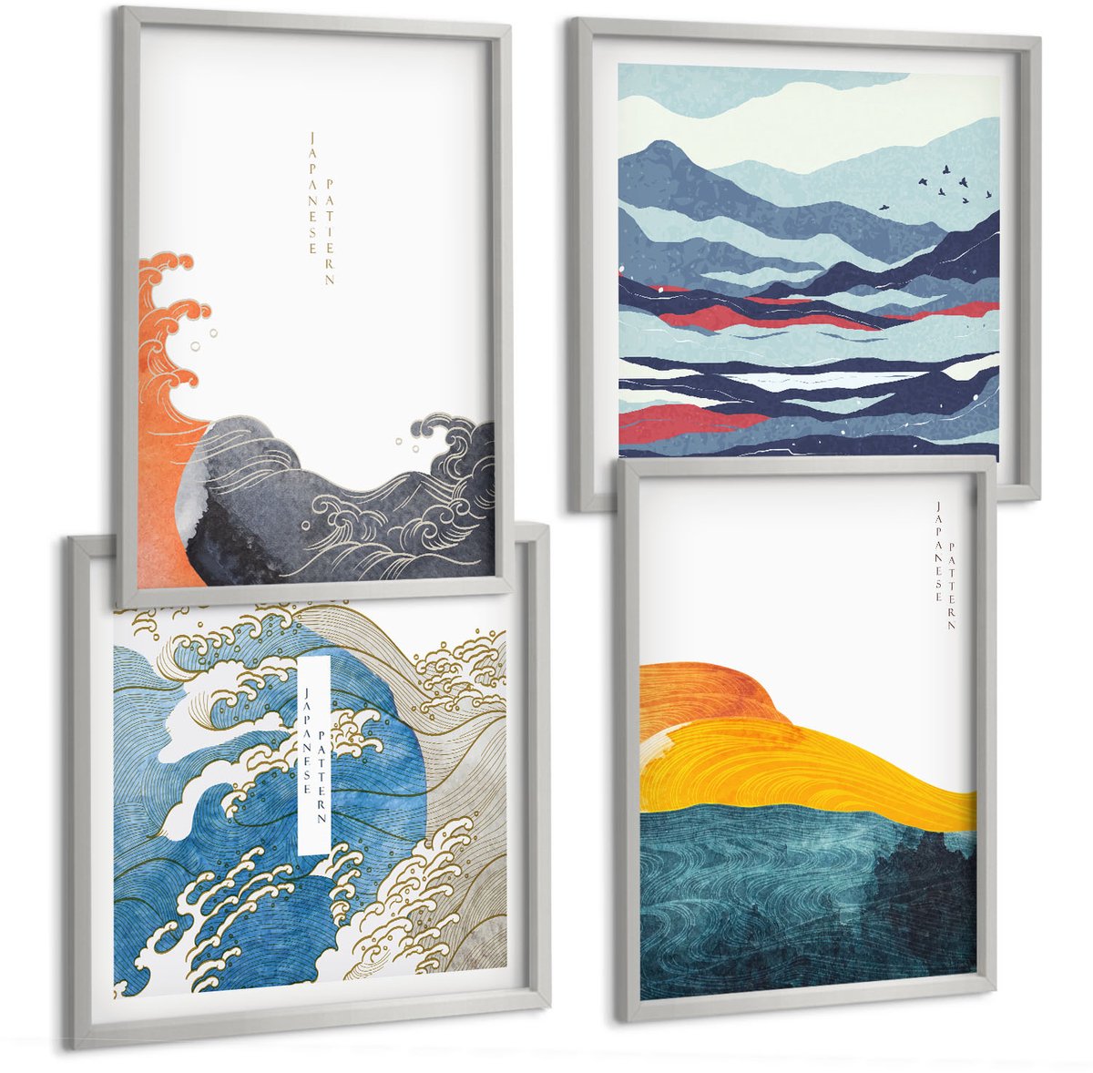 Coloray 4-Delige Schilderij Set - Golven En Kunst In Japanse Grafische Stijl - 40 x 40 cm En 40 x 60 cm - Stijlvolle Wanddecoratie - Interieur - Decoratieve Schilderijen