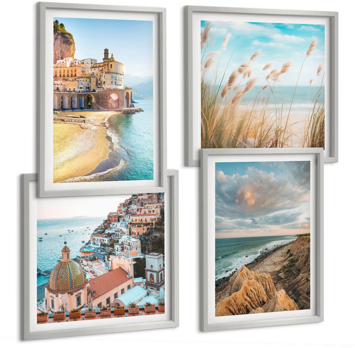 Coloray 4-Delige Schilderij Set - Kustlandschappen Met Strand, Stad En Kliffen - 40 x 40 cm En 40 x 60 cm - Wanddecoratie - Schilderijen Set - Kantoor - Stijlvolle Muurdecoratie