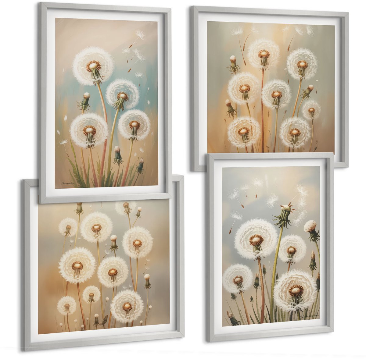 Coloray 4-Delige Schilderij Set - Paardenbloemen Op Een Pastelkleurige Achtergrond - 40 x 40 cm En 40 x 60 cm - Stijlvolle Muurdecoratie - Slaapkamer - Moderne Wanddecoratie