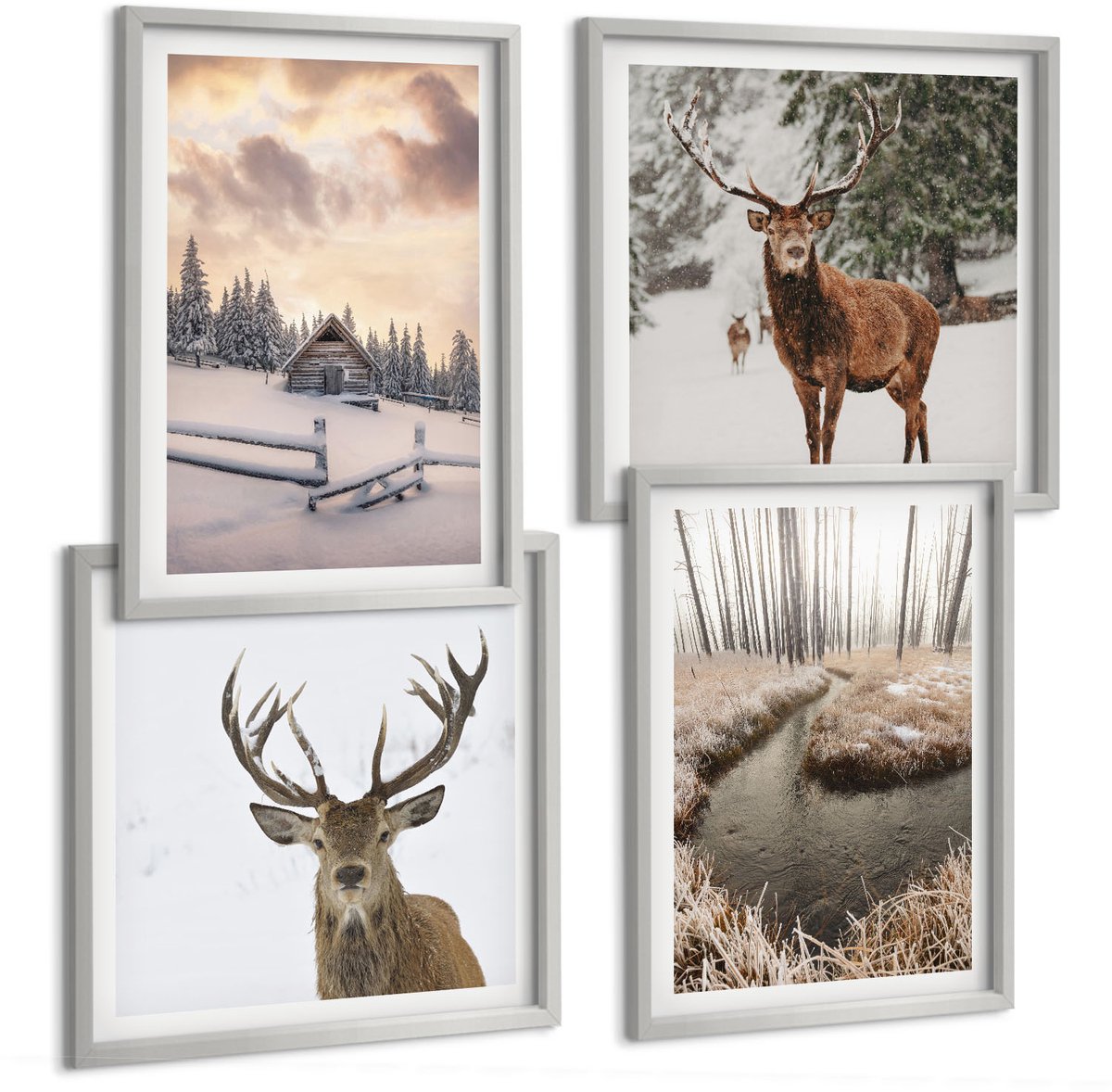 Coloray 4-Delige Schilderij Set - Winterlandschap Met Hertenhut En Beekje - 40 x 40 cm En 40 x 60 cm - Wanddecoratie - Woonkamer Decoratie - Moderne Wanddecoratie