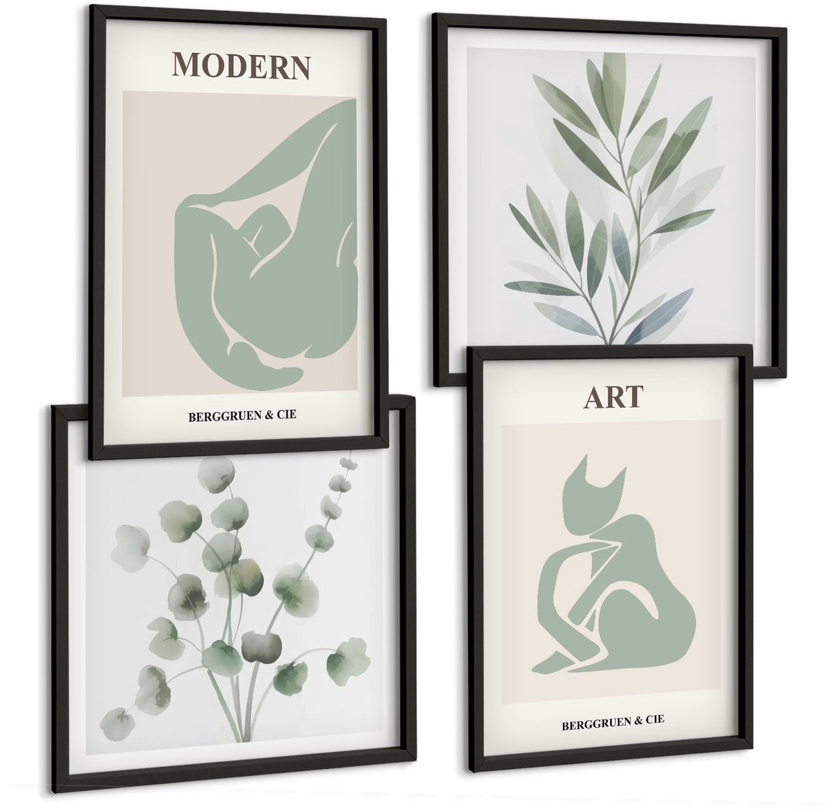 Coloray 4-Delige Schilderij Set - Plantmotieven In Delicate Groene Tinten - 40 x 40 cm En 40 x 60 cm - Wanddecoratie - Schilderijen Set - Kantoor - Interieur Decoratie Zwarte lijst