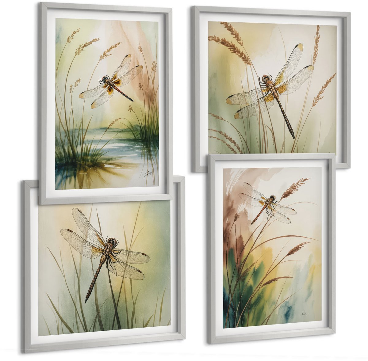 Coloray 4-Delige Schilderij Set - Libellen Tussen Het Gras Bij Het Water In Een Schilderachtige Stijl. - 40 x 40 cm En 40 x 60 cm - Decoratieve Schilderijen - Woonkamer - Interieur