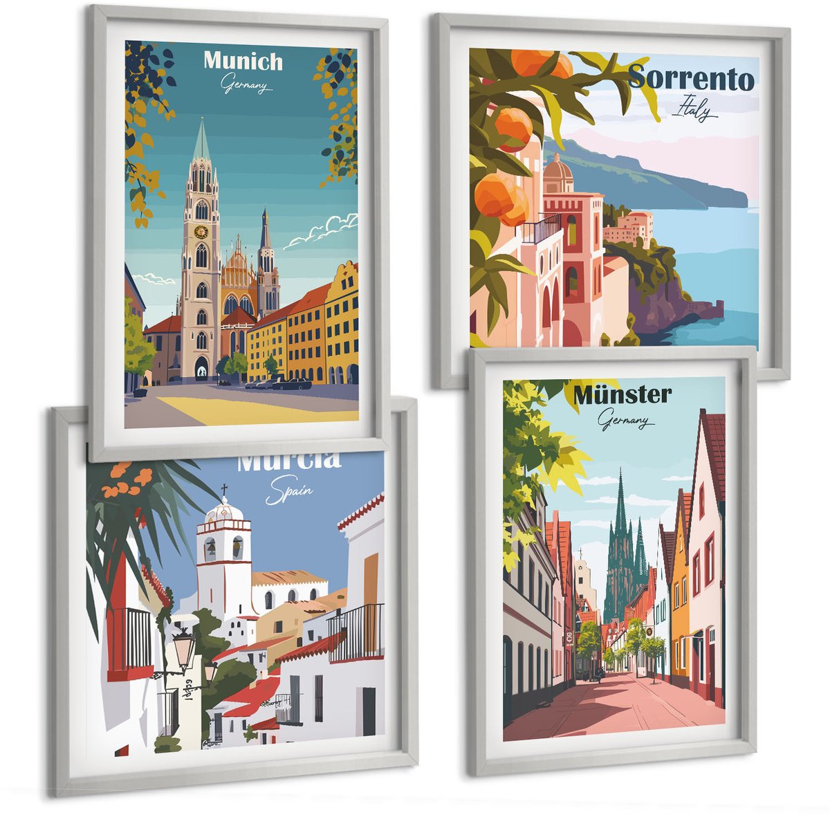 Coloray 4-Delige Schilderij Set - Europese Steden In Kleurrijke Illustraties - 40 x 40 cm En 40 x 60 cm - Decoratieve Schilderijen - Woonkamer - Interieur - Muurdecoratie