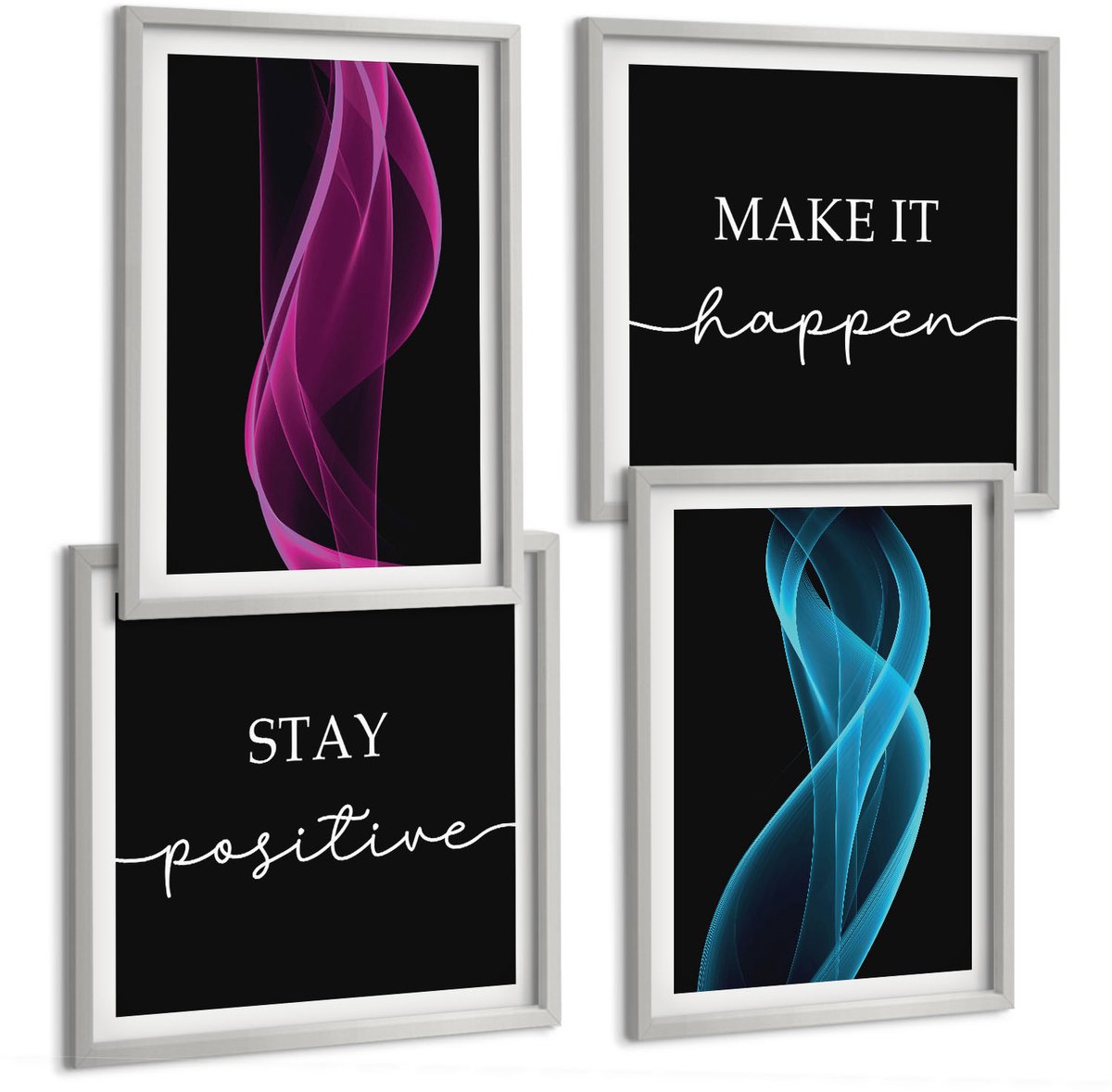 Coloray 4-Delige Schilderij Set - Golven Van Kleurrijke Neonlijnen Op Een Donkere Achtergrond - 40 x 40 cm En 40 x 60 cm - Wanddecoratie - Schilderijen Set - Kantoor - Muurdecoratie