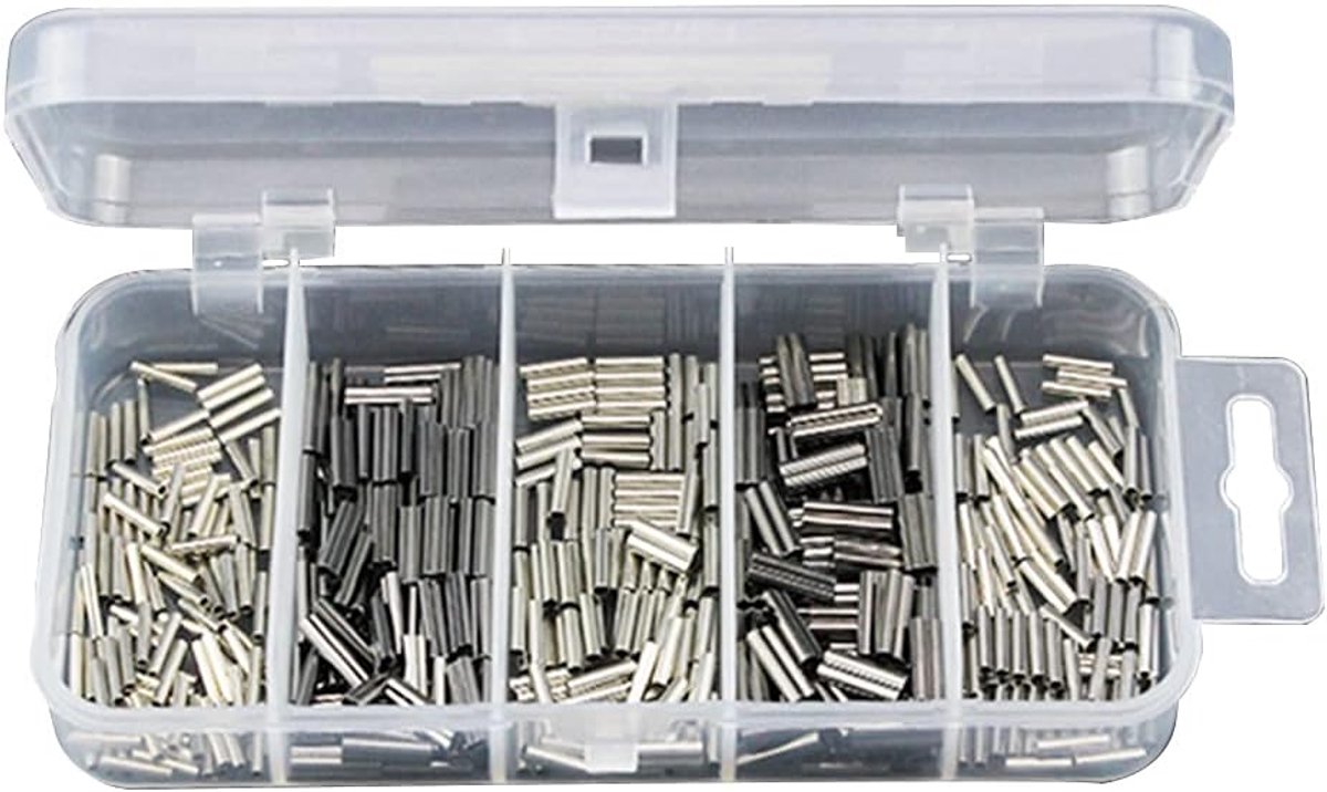 500stks Single en Double Barrel Krimp Mouwen Kit, Koperen Barrel Krimp Mouwen Koperen Buis, Vislijn Leader Tuigage Tackle, Draadkabel Buis Connector Kit voor Leader Tuigage