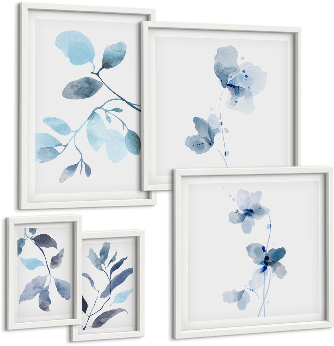 Coloray 5-Delige Schilderij Set - Botanische Accenten In Delicate Blauwe Tinten - 50 x 50 cm, 20 x 30 cm En 40 x 60 cm - Wanddecoratie - Schilderijen Set - Kantoor - Interieur Decoratie