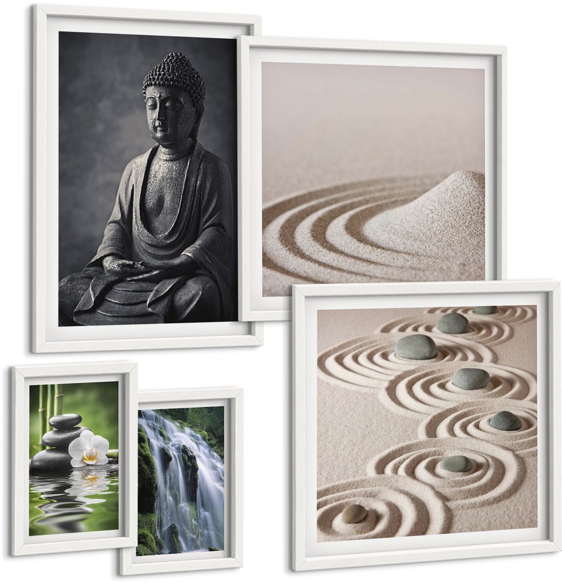 Coloray 5-Delige Schilderij Set - Rustgevende Zen-Thema'S Met Natuur En Boeddhistische Boodschappen - 50 x 50 cm, 20 x 30 cm En 40 x 60 cm - Decoratieve Muurdecoratie - Slaapkamer - Stijlvolle Muurdecoratie