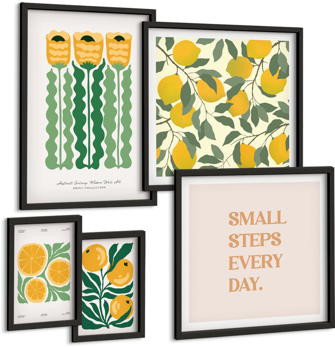 Coloray 5-Delige Schilderij Set - Bloemaccenten Met Citrusmotieven En Positieve Slogans. - 50 x 50 cm, 20 x 30 cm En 40 x 60 cm - Muurdecoratie - Wanddecoratie - Hal - Decoratieve Schilderijen Zwarte lijst