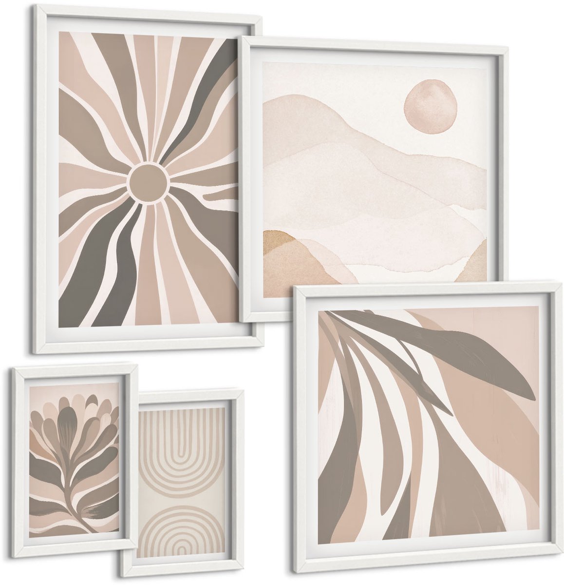 Coloray 5-Delige Schilderij Set - Stijlvolle Abstracte Composities In Natuurlijke Tinten. - 50 x 50 cm, 20 x 30 cm En 40 x 60 cm - Muurdecoratie - Interieur Decoratie - Decoratieve Schilderijen