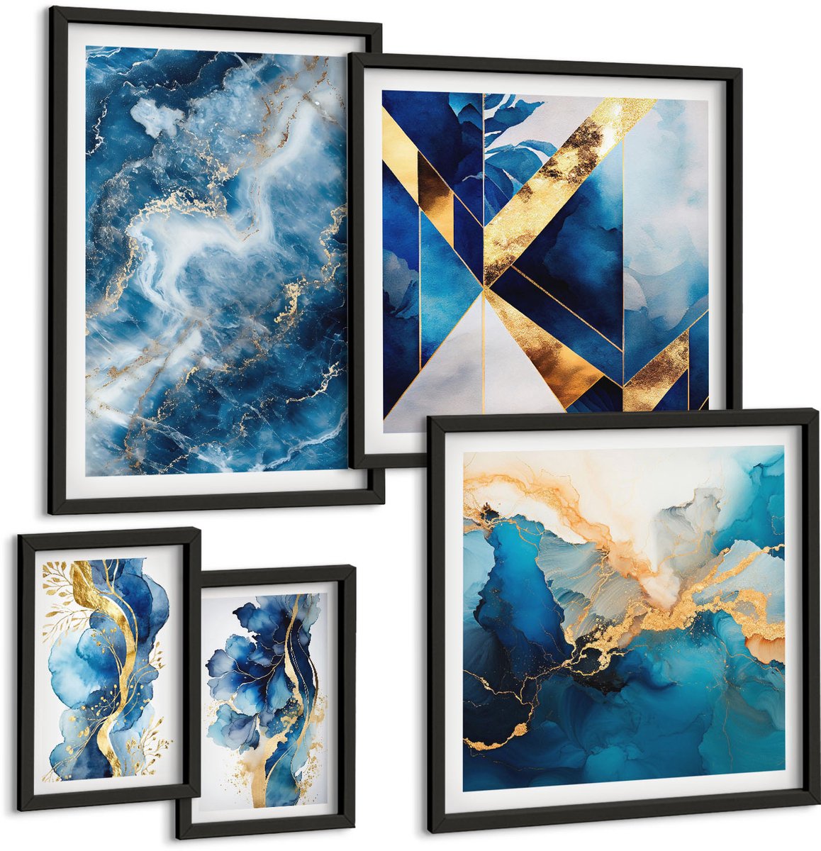 Coloray 5-Delige Schilderij Set - Abstracte Composities In Blauwe Tinten - 50 x 50 cm, 20 x 30 cm En 40 x 60 cm - Muurdecoratie - Interieur Decoratie - Moderne Wanddecoratie Zwarte lijst