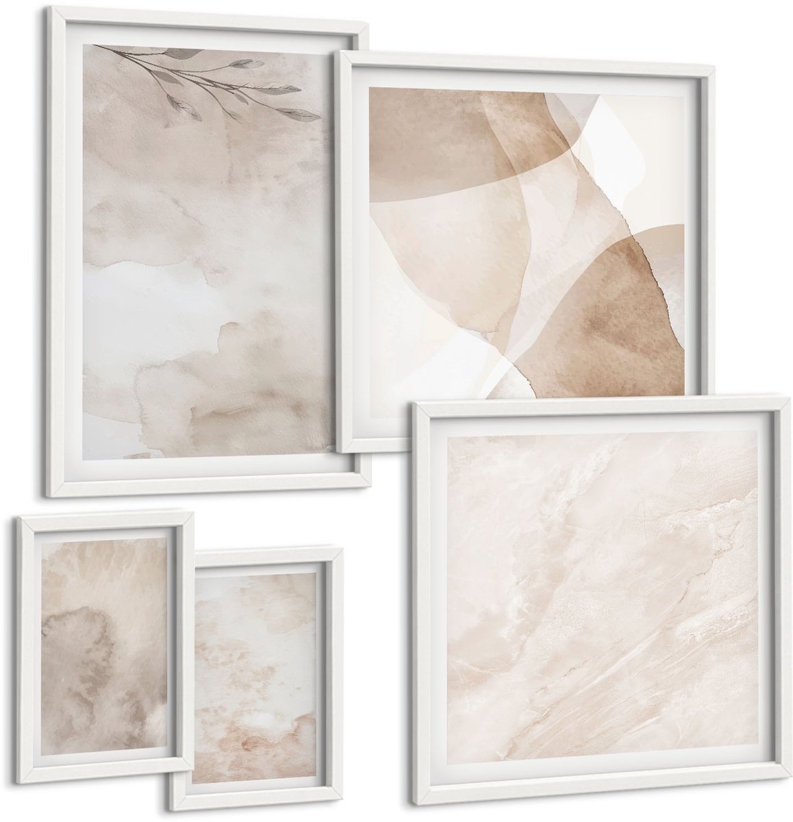 Coloray 5-Delige Schilderij Set - Textuur Van Gemorste Aquarelverf In Boho-Stijl - 50 x 50 cm, 20 x 30 cm En 40 x 60 cm - Wanddecoratie - Muurdecoratie - Moderne Interieurdecoratie - Stijlvolle Muurdecoratie