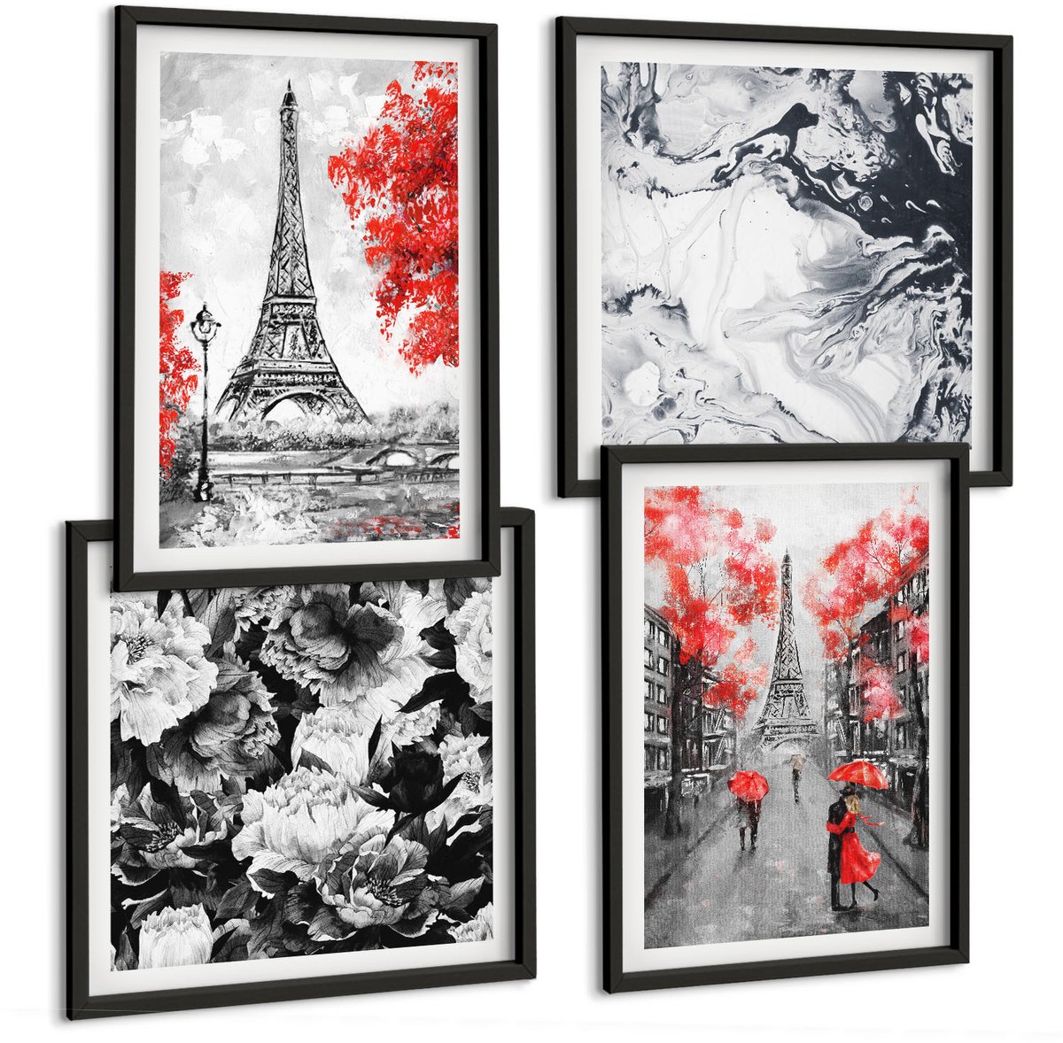 Coloray 4-Delige Schilderij Set - Eiffeltoren In Grijs Met Rode Accenten - 40 x 40 cm En 40 x 60 cm - Moderne Wanddecoratie - Woonkamer Zwarte lijst