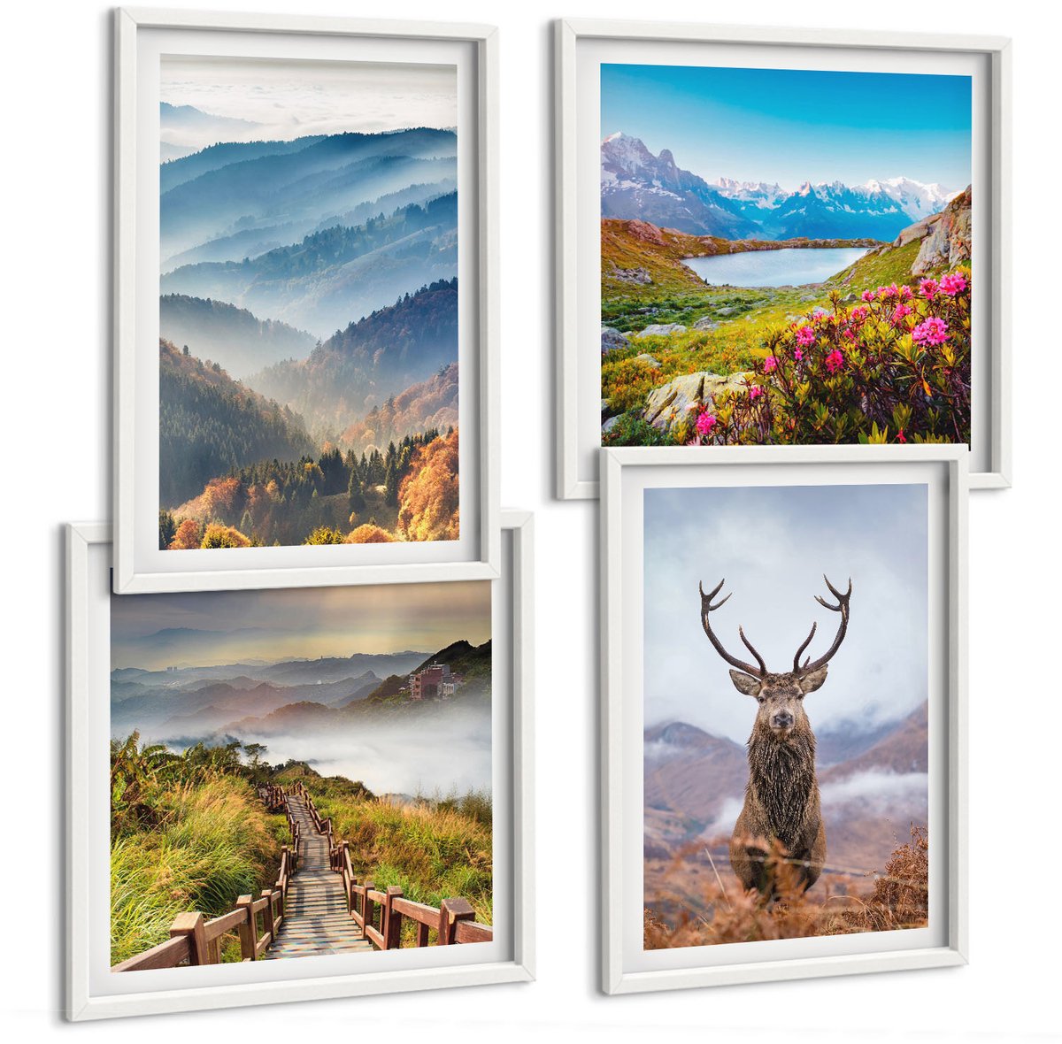 Coloray 4-Delige Schilderij Set - Berglandschappen Met Meer En Herten In De Natuur - 40 x 40 En 40 x 60 - Moderne Wanddecoratie - Slaapkamer - Interieur Decoratie