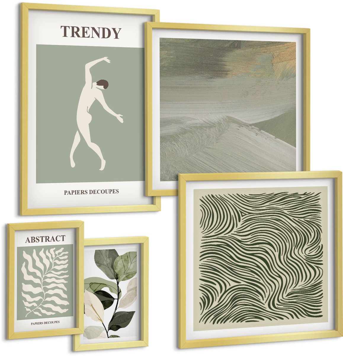 Coloray 5-Delige Schilderij Set - Stijlvolle Afbeeldingen Met Abstracte Plantmotieven - 50 x 50 cm, 20 x 30 cm En 40 x 60 cm - Moderne Wanddecoratie - Woonkamer - Muurdecoratie