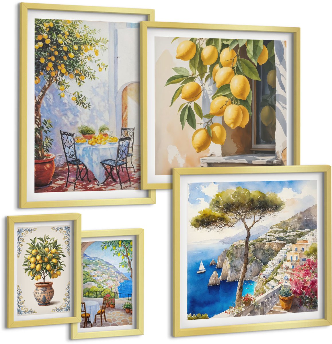 Coloray 5-Delige Schilderij Set - Citrusinspiratie In Een Zonnige Mediterrane Stijl - 50 x 50 cm, 20 x 30 cm En 40 x 60 cm - Stijlvolle Muurdecoratie - Slaapkamer - Decoratieve Schilderijen