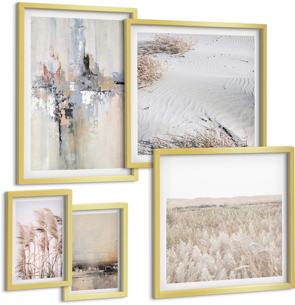 Coloray 5-Delige Schilderij Set - Stijlvolle Decoraties In Natuurlijke En Minimalistische Tinten. - 50 x 50 cm, 20 x 30 cm En 40 x 60 cm - Wanddecoratie - Schilderijen Set - Kantoor - Muurdecoratie