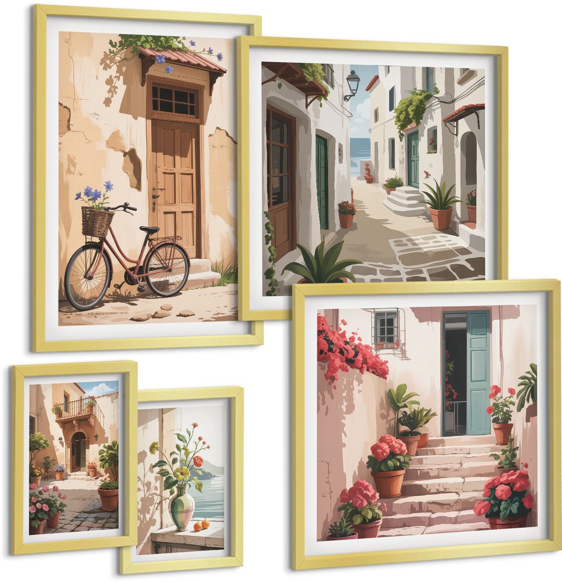 Coloray 5-Delige Schilderij Set - Sfeervolle Straatjes Met Fietsen En Bloemen In Potten. - 50 x 50 cm, 20 x 30 cm En 40 x 60 cm - Wanddecoratie - Muurdecoratie - Moderne Interieurdecoratie - Decoratieve Schilderijen