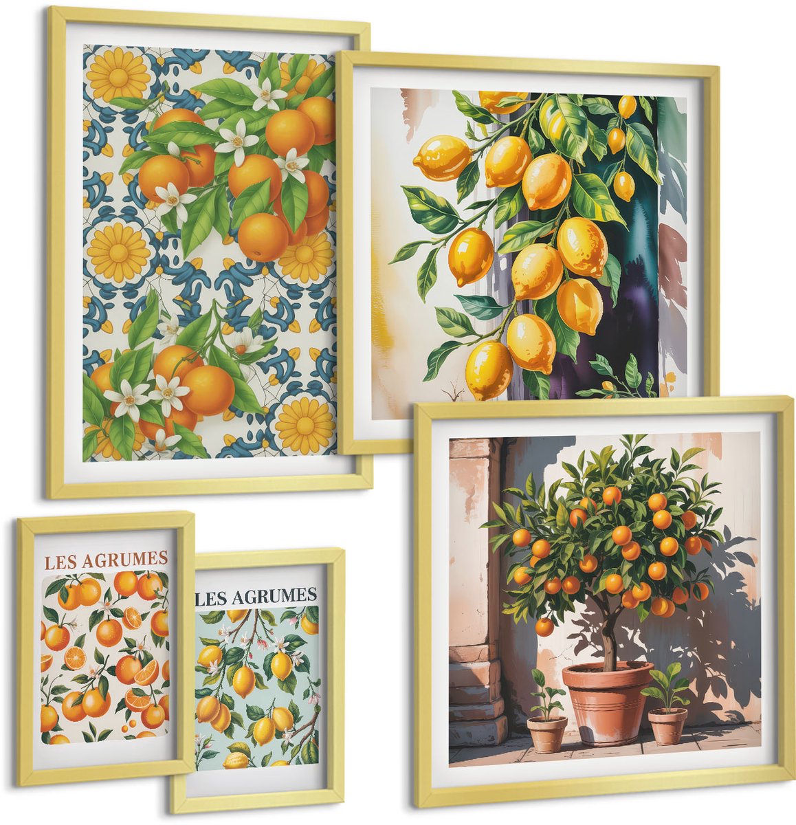 Coloray 5-Delige Schilderij Set - Citrusinspiratie Met Fruit En Bloemen In Een Vintage Stijl - 50 x 50 cm, 20 x 30 cm En 40 x 60 cm - Wanddecoratie - Muurdecoratie - Woonkamer - Stijlvolle Muurdecoratie