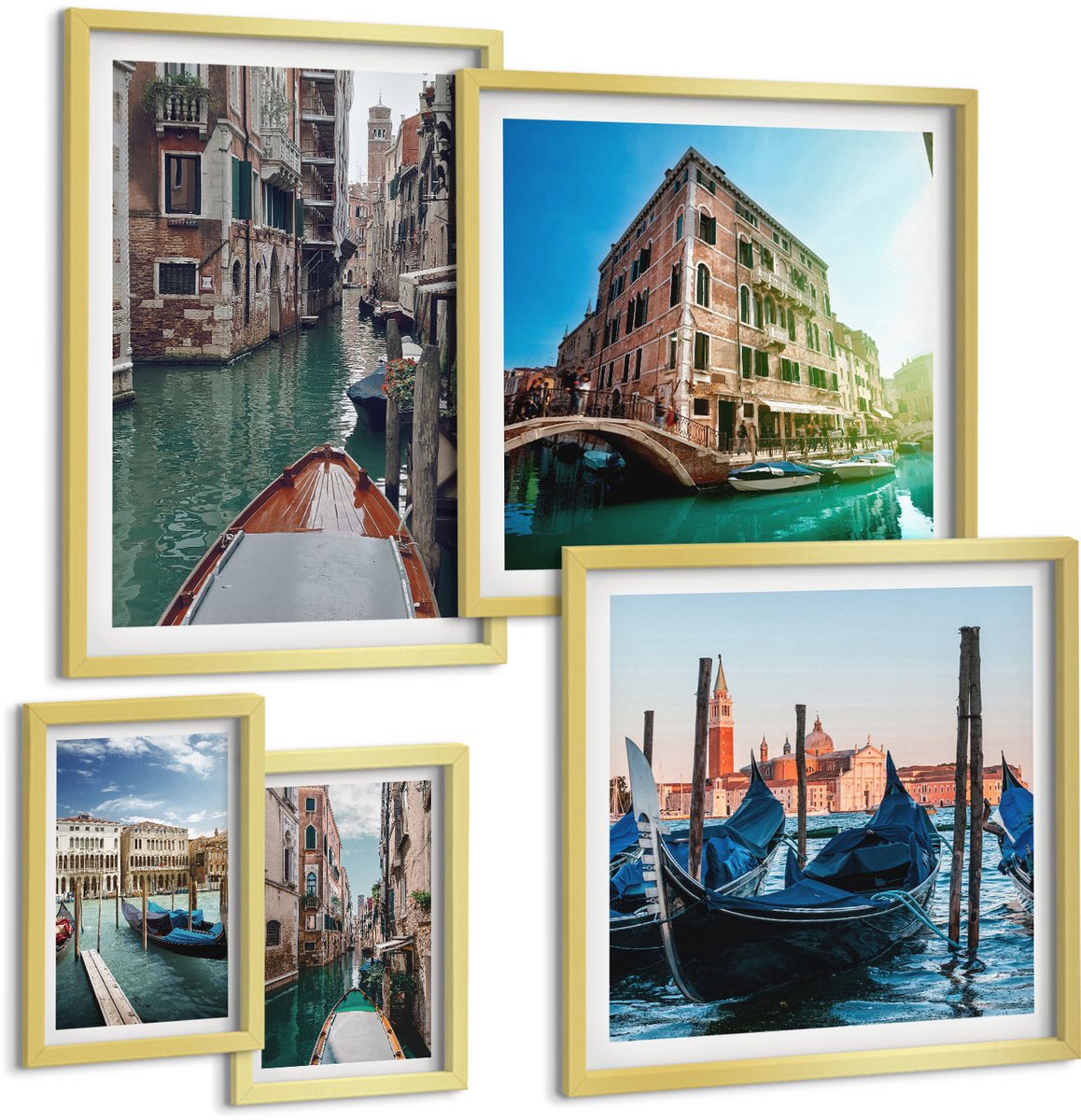 Coloray 5-Delige Schilderij Set - De Kanalen Van Venetië En De Charmante Gondels In De Stad. - 50 x 50 cm, 20 x 30 cm En 40 x 60 cm - Stijlvolle Muurdecoratie - Kantoor - Moderne Wanddecoratie