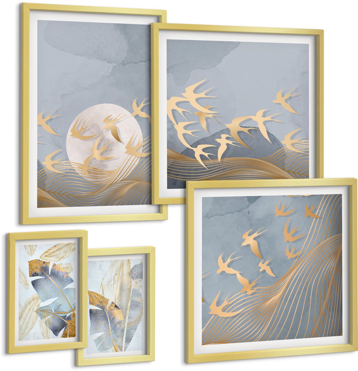 Coloray 5-Delige Schilderij Set - Stijlvolle Accenten Met Een Vogel- En Bladmotief In Grijstinten. - 50 x 50 cm, 20 x 30 cm En 40 x 60 cm - Wanddecoratie - Woonkamer Decoratie