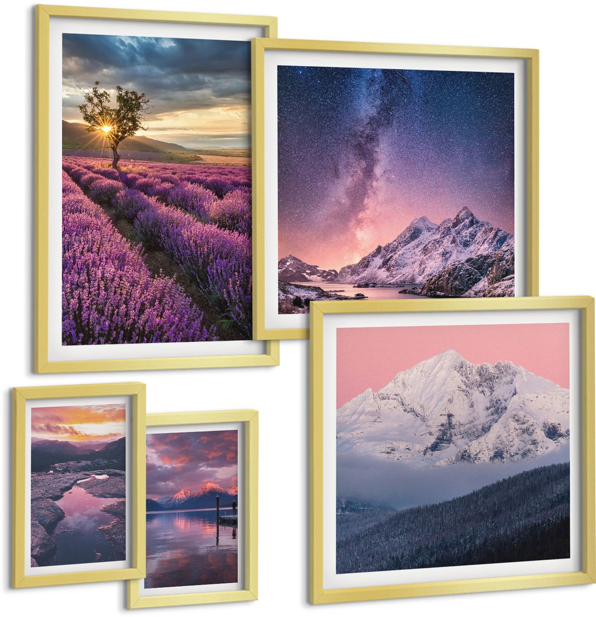 Coloray 5-Delige Schilderij Set - Natuurlandschappen Met Lavendelvelden En Bergen - 50 x 50 cm, 20 x 30 cm En 40 x 60 cm - Wanddecoratie - Muurdecoratie - Woonkamer - Stijlvolle Muurdecoratie
