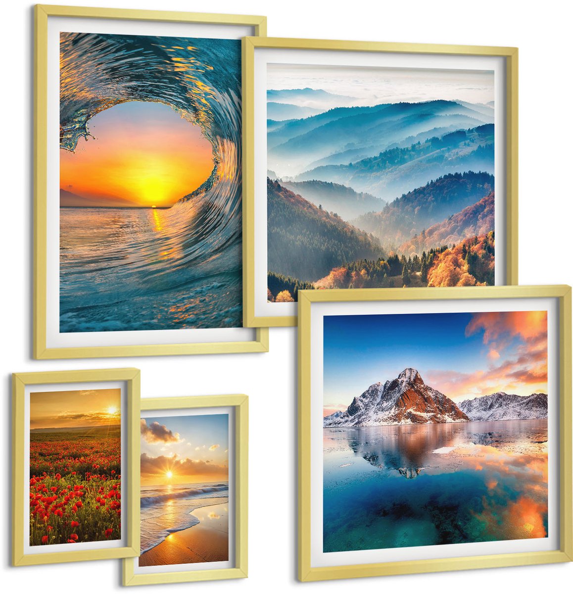 Coloray 5-Delige Schilderij Set - Natuurlijke Landschappen Met Zee, Bergen En Bloemen - 50 x 50 cm, 20 x 30 cm En 40 x 60 cm - Wanddecoratie - Woonkamer Decoratie - Stijlvolle Muurdecoratie