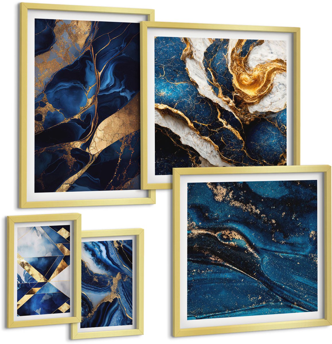 Coloray 5-Delige Schilderij Set - Abstracte Patronen In Blauwe Tinten - 50 x 50 cm, 20 x 30 cm En 40 x 60 cm - Schilderijen Set - Wanddecoratie - Woonkamer - Woonkamer Decoratie