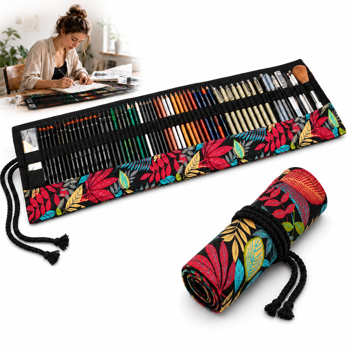 VHV-Roletui voor 48 Potloden en Pennen – Canvas Pennenetui – Compacte Oprolbare Pennenzak – 58x20 cm – Herfstbladerenpatroon – Voor Tekenen, Schetsen & Opbergen